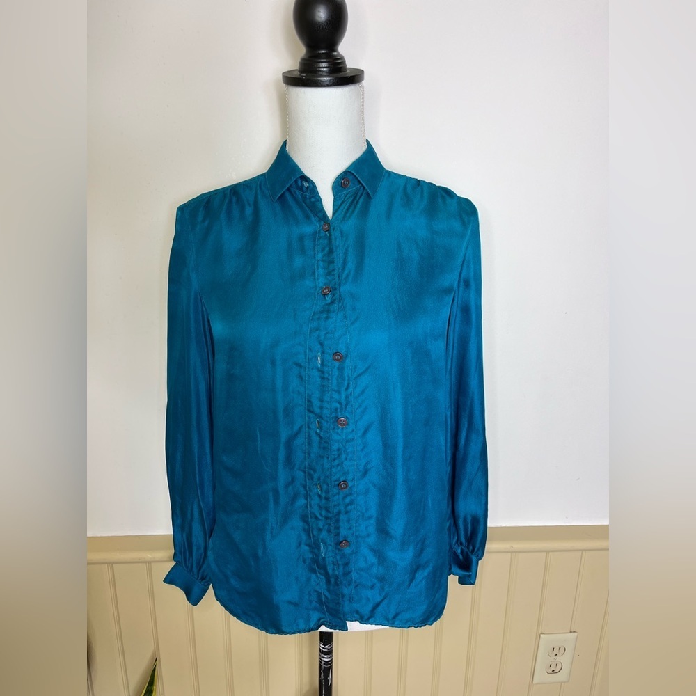 Vintage SSSSS 100% Silk Button-Up Blouse Emerald Teal VTG Womens Sz 8 Modern S